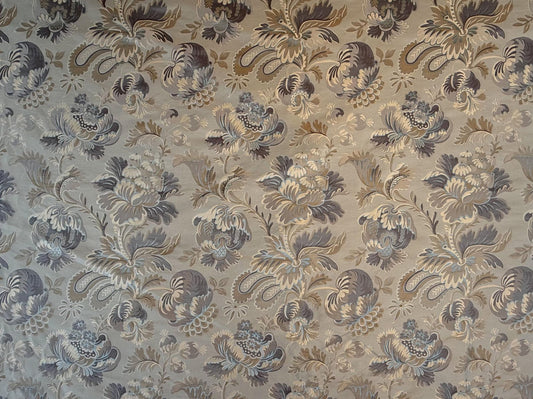 By yard 100% Silk Lampas French Pomegranate "whiskey" Blue Tan Gold Historical Design