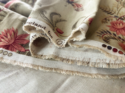 Vervain Pajaro Exotico Print Fabric In Document Beige Light Brown Red Pink Linen Cotton 2.8 Yards MSRP$156/Y