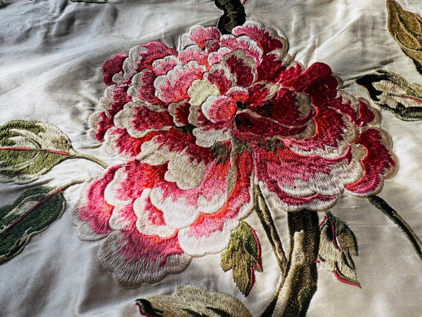 Lee Jofa Danthe Silk Embroidery Chinoisery Bird Flower Tree Peony Pomegranate pink Red Green on Cream MSRP USD 596/y