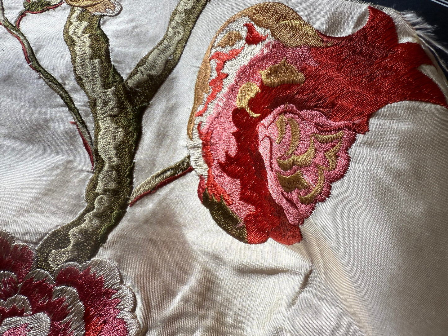Lee Jofa Danthe Silk Embroidery Chinoisery Bird Flower Tree Peony Pomegranate pink Red Green on Cream MSRP USD 596/y