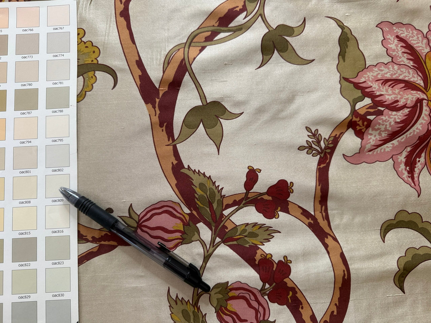 Scalamandre Baradi Blossom On Chablis Pink Jacobean Palampore Tree Of Life Printed Silk Pink Green On Cream White MSRP USD 192/y