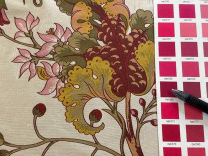 Scalamandre Baradi Blossom On Chablis Pink Jacobean Palampore Tree Of Life Printed Silk Pink Green On Cream White MSRP USD 192/y