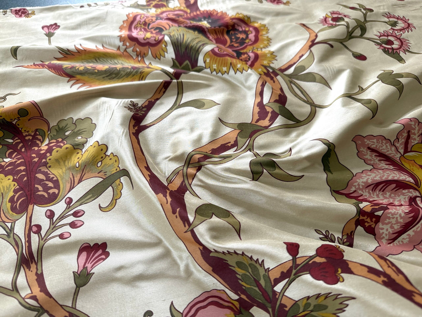 Scalamandre Baradi Blossom On Chablis Pink Jacobean Palampore Tree Of Life Printed Silk Pink Green On Cream White MSRP USD 192/y