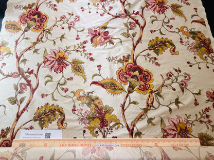 Scalamandre Baradi Blossom On Chablis Pink Jacobean Palampore Tree Of Life Printed Silk Pink Green On Cream White MSRP USD 192/y