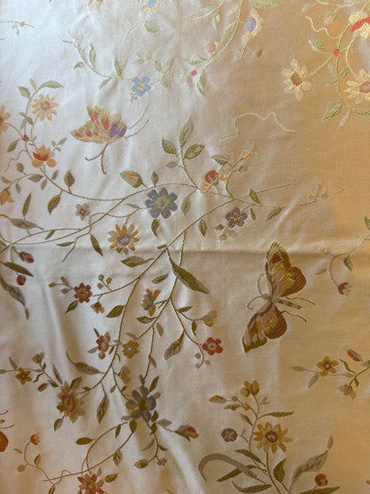 Butterfly Lovers Chinoiserie Garden 100% Silk Lampas Pink Blue Green over Gold Almond MSRP USD424/yard