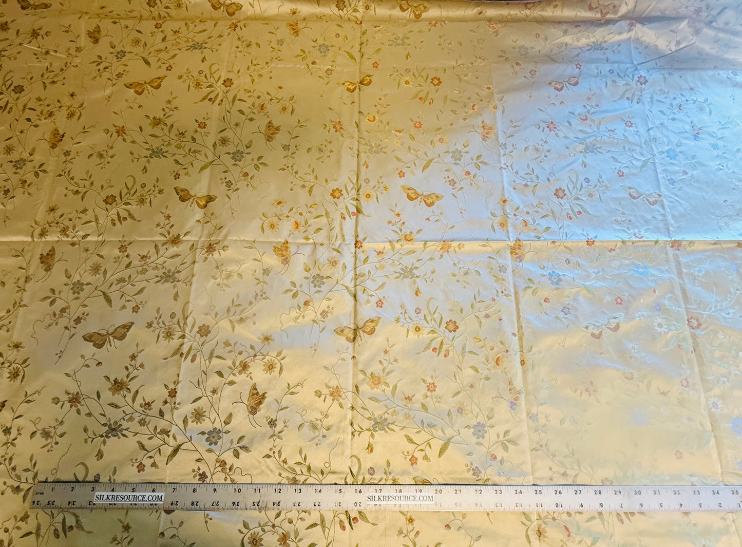 Butterfly Lovers Chinoiserie Garden 100% Silk Lampas Pink Blue Green over Gold Almond MSRP USD424/yard
