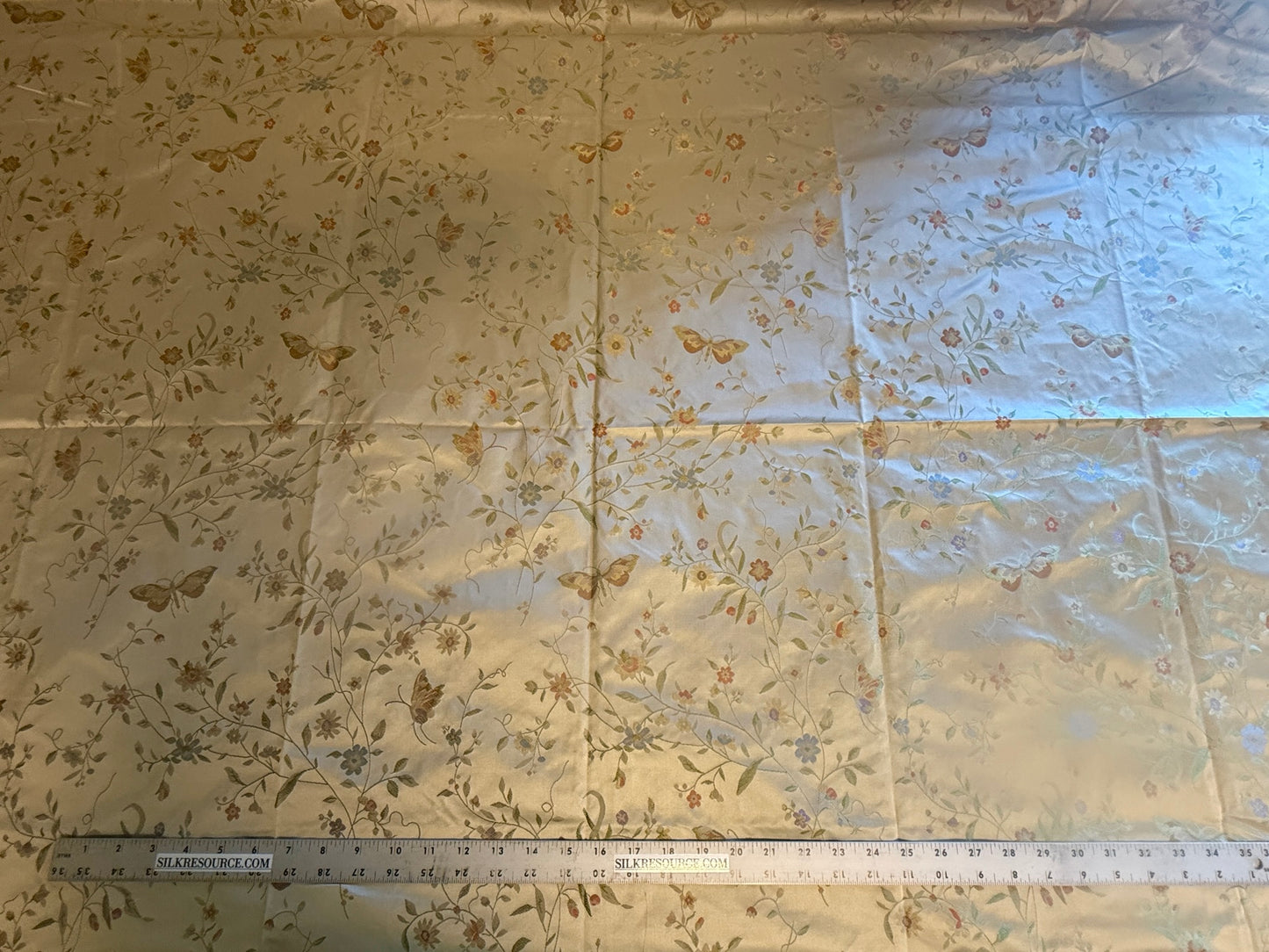 Butterfly Lovers Chinoiserie Garden 100% Silk Lampas Pink Blue Green over Gold Almond MSRP USD424/yard
