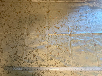 Butterfly Lovers Chinoiserie Garden 100% Silk Lampas Pink Blue Green over Gold Almond MSRP USD424/yard