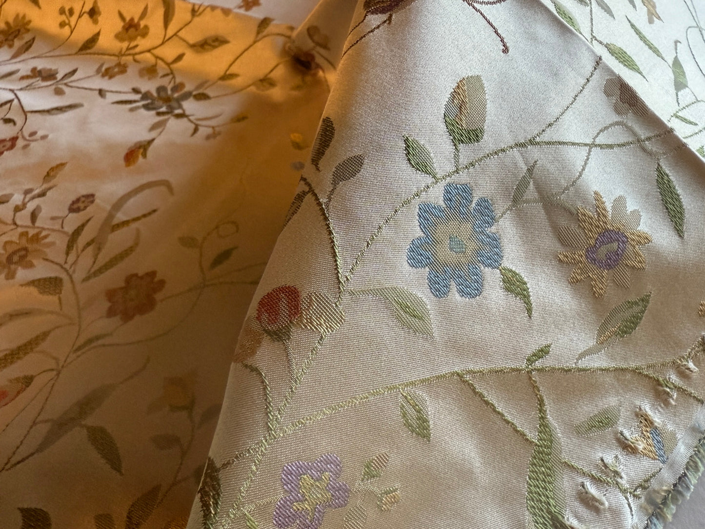 Butterfly Lovers Chinoiserie Garden 100% Silk Lampas Pink Blue Green over Gold Almond MSRP USD424/yard