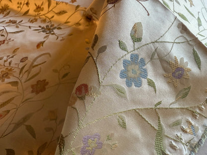 Butterfly Lovers Chinoiserie Garden 100% Silk Lampas Pink Blue Green over Gold Almond MSRP USD424/yard