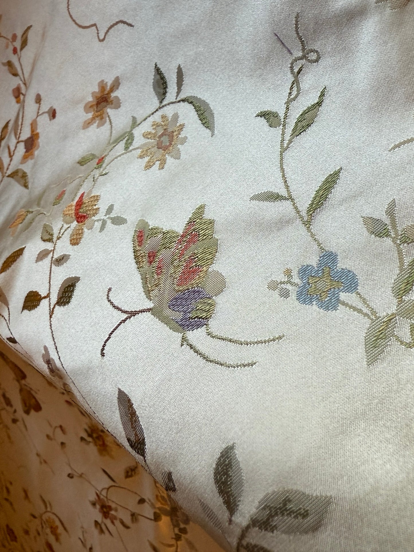 Butterfly Lovers Chinoiserie Garden 100% Silk Lampas Pink Blue Green over Gold Almond MSRP USD424/yard