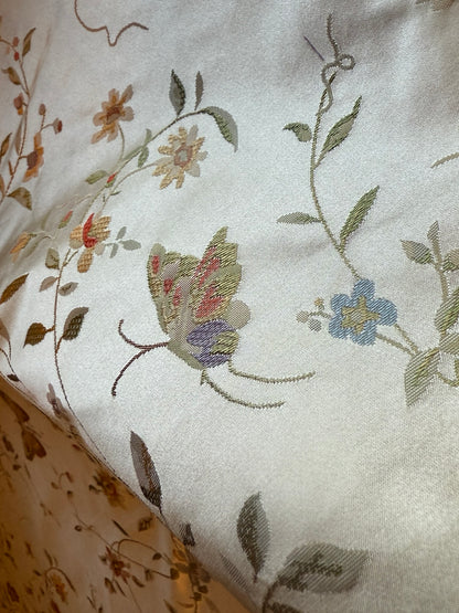 Butterfly Lovers Chinoiserie Garden 100% Silk Lampas Pink Blue Green over Gold Almond MSRP USD424/yard