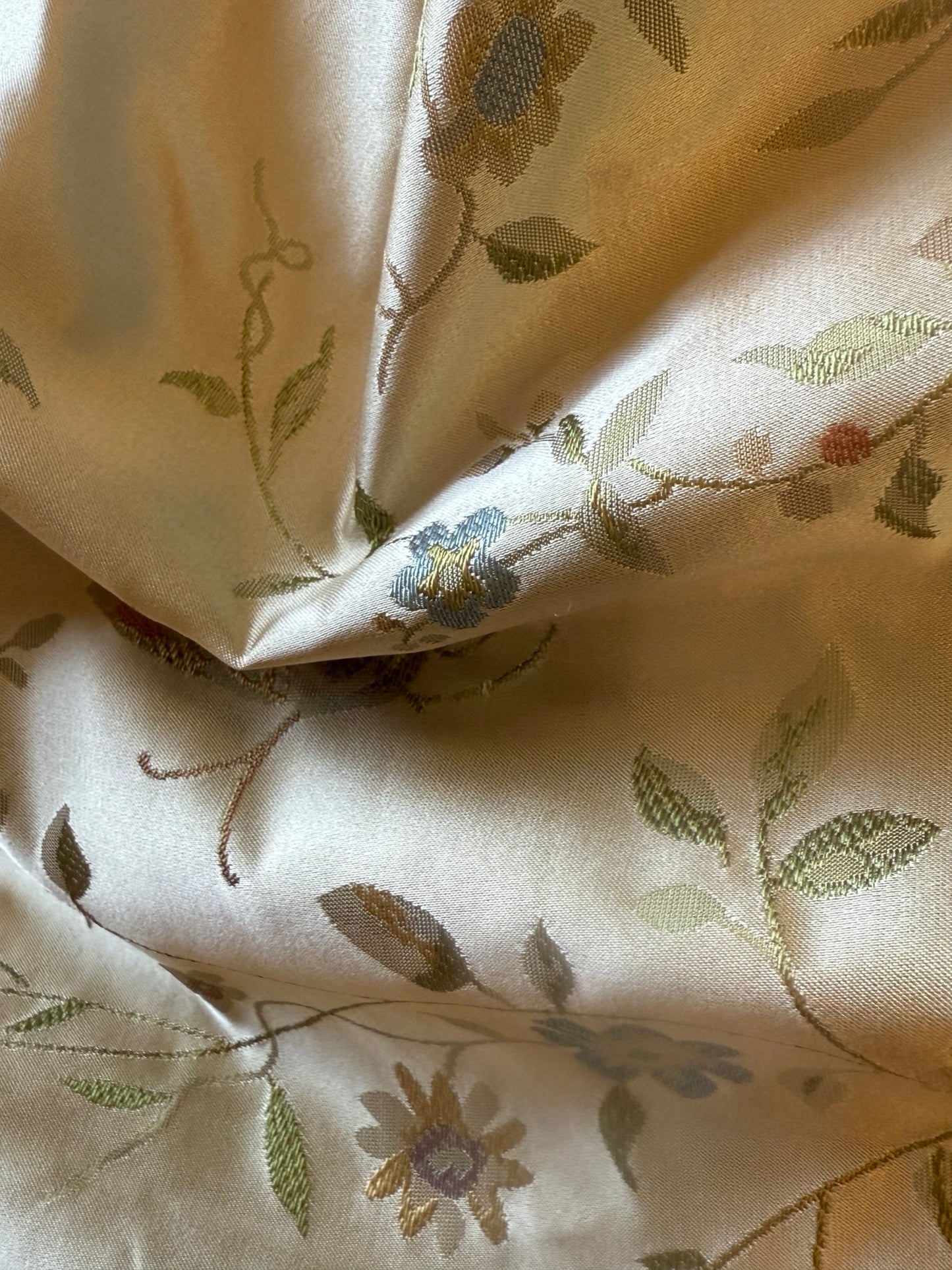Butterfly Lovers Chinoiserie Garden 100% Silk Lampas Pink Blue Green over Gold Almond MSRP USD424/yard