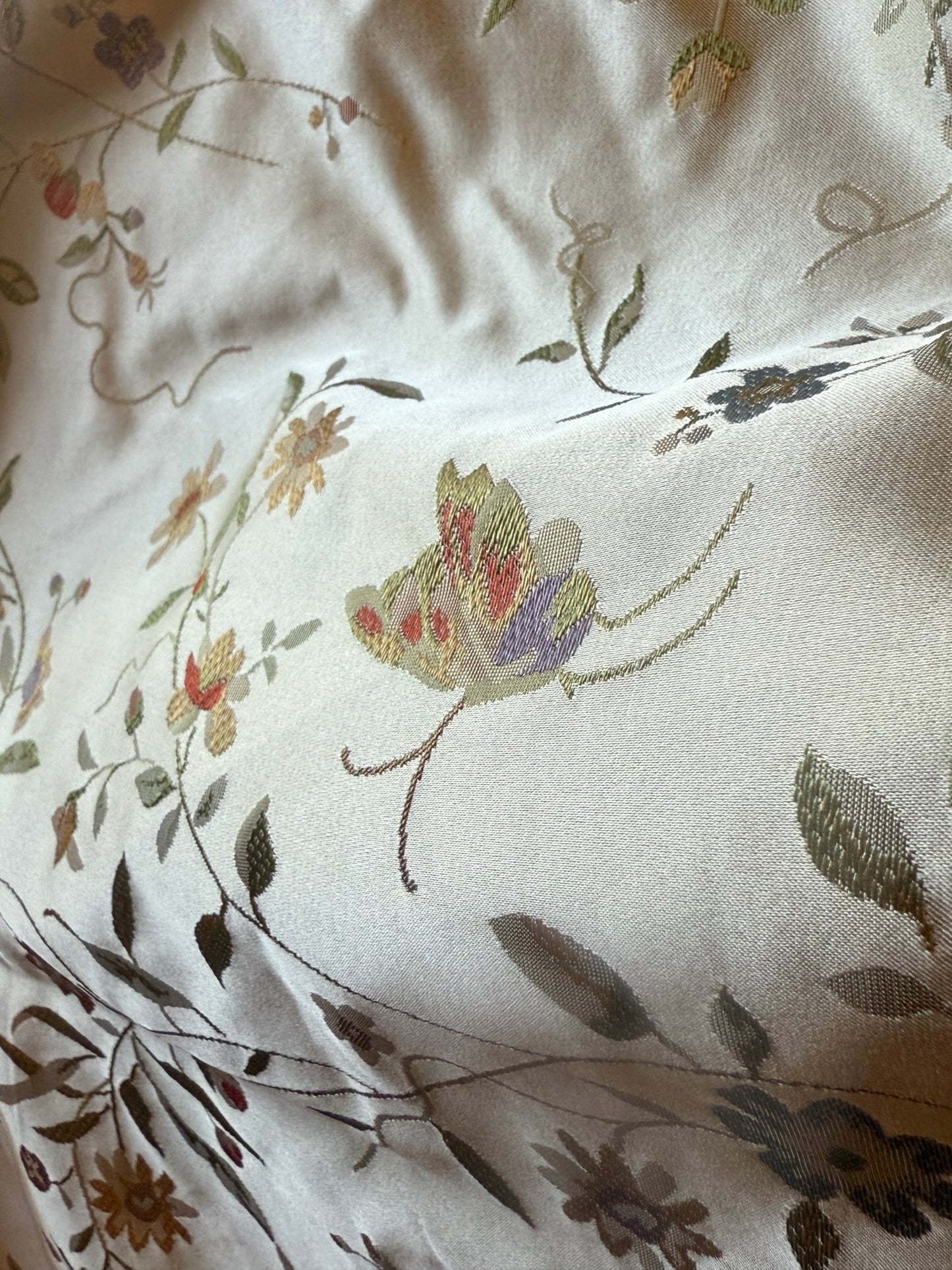 Butterfly Lovers Chinoiserie Garden 100% Silk Lampas Pink Blue Green over Gold Almond MSRP USD424/yard