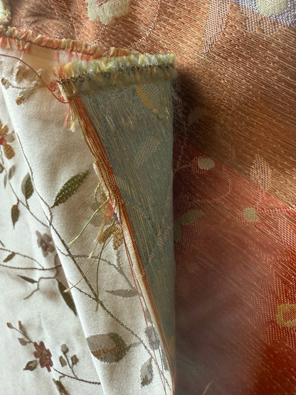 Butterfly Lovers Chinoiserie Garden 100% Silk Lampas Pink Blue Green over Gold Almond MSRP USD424/yard