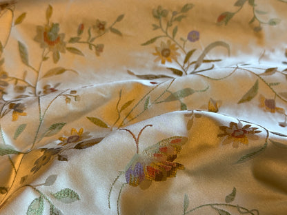 Butterfly Lovers Chinoiserie Garden 100% Silk Lampas Pink Blue Green over Gold Almond MSRP USD424/yard