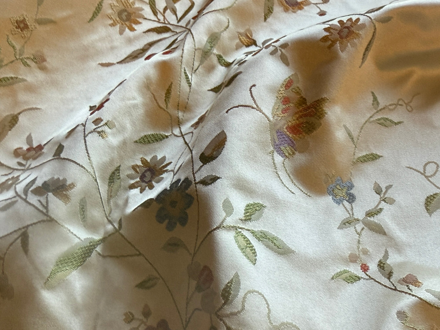 Butterfly Lovers Chinoiserie Garden 100% Silk Lampas Pink Blue Green over Gold Almond MSRP USD424/yard