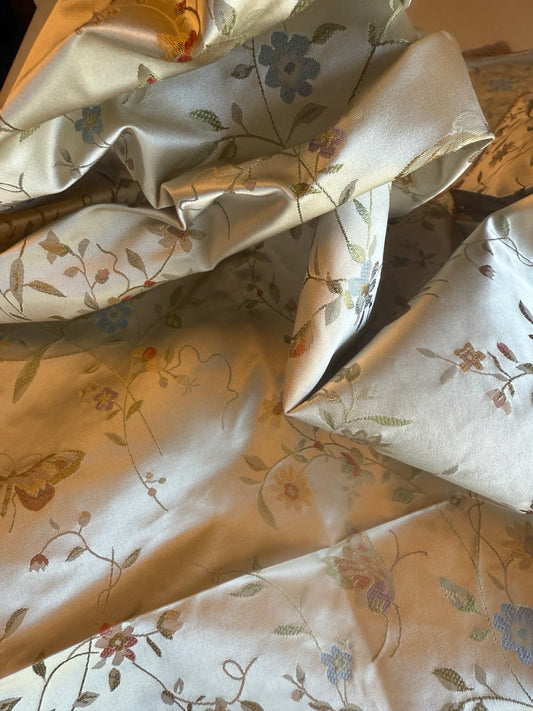 Butterfly Lovers Chinoiserie Garden 100% Silk Lampas Pink Blue Green over Gold Almond MSRP USD424/yard