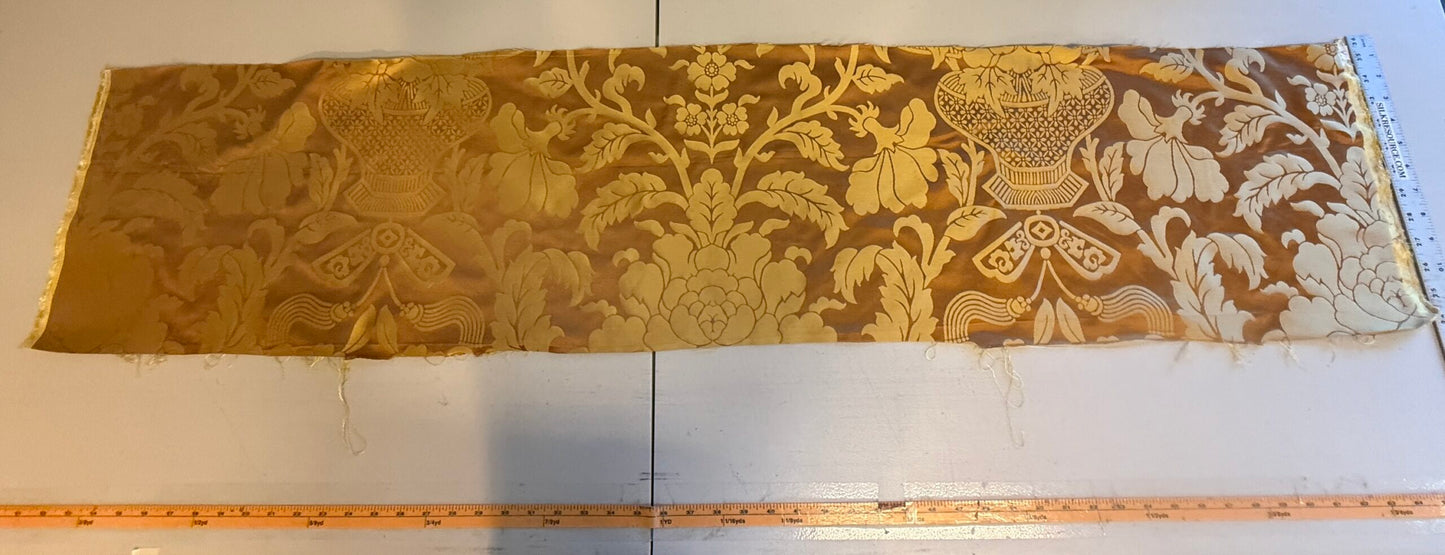 0.3 Yard Scalamandre Nashville Copper &amp; Antique Gold 100% Silk Damask Chinoiserie Peony Flower Basket Circa 1830