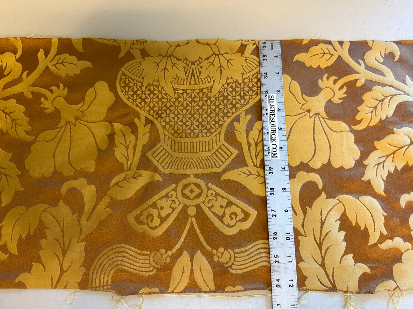 0.3 Yard Scalamandre Nashville Copper &amp; Antique Gold 100% Silk Damask Chinoiserie Peony Flower Basket Circa 1830