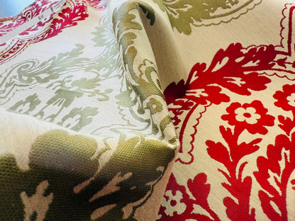 by yard Lee Jofa Mulberry Home Staveley Damask Ruby Olive Green Red White Floral Stripe MSRP USD 196/y