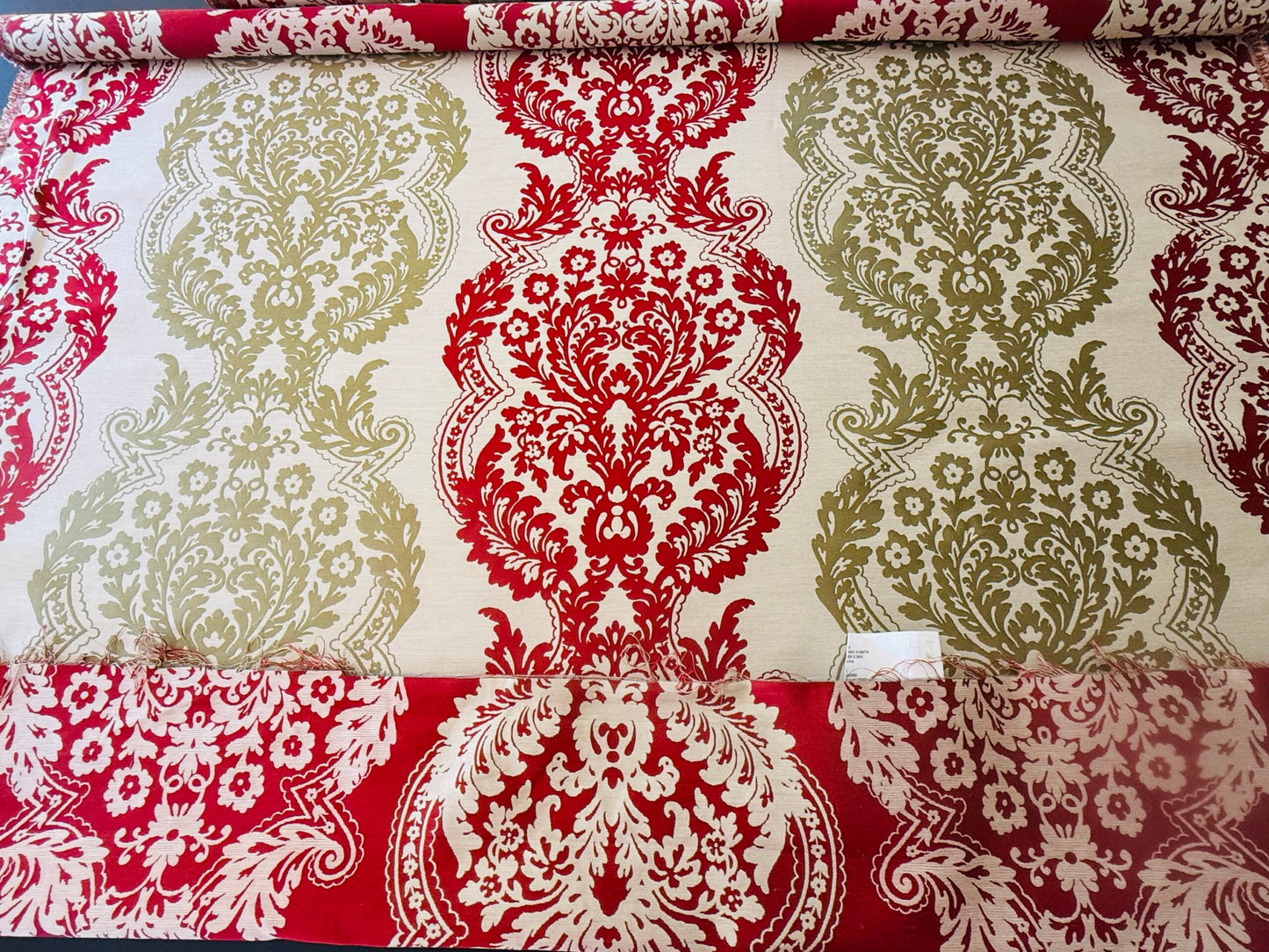 by yard Lee Jofa Mulberry Home Staveley Damask Ruby Olive Green Red White Floral Stripe MSRP USD 196/y