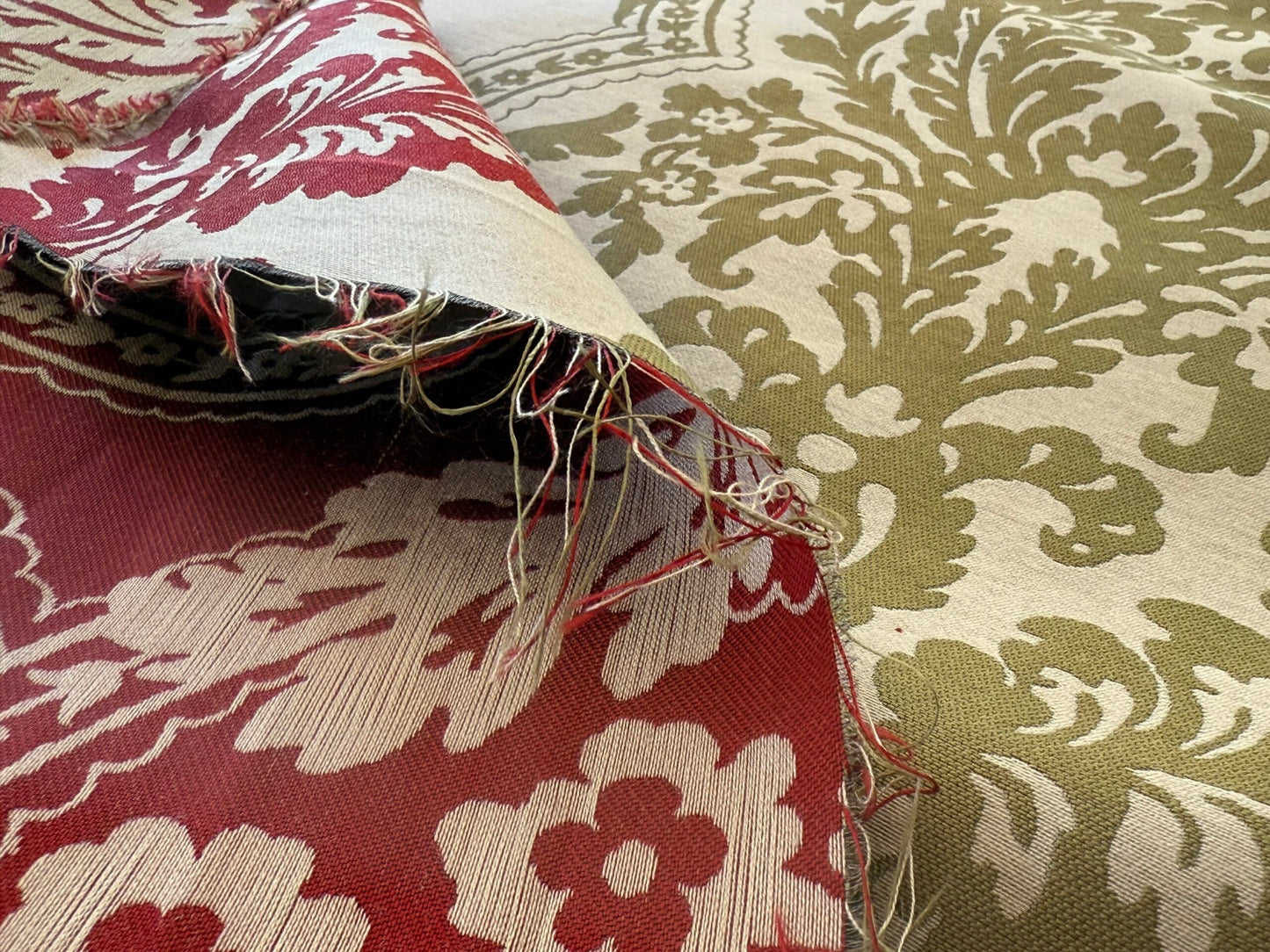 by yard Lee Jofa Mulberry Home Staveley Damask Ruby Olive Green Red White Floral Stripe MSRP USD 196/y