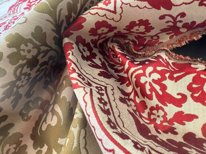 by yard Lee Jofa Mulberry Home Staveley Damask Ruby Olive Green Red White Floral Stripe MSRP USD 196/y