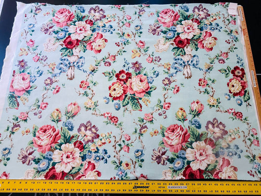 Scalamandre Chatsworth Chintz Fh Aqua Blue Pink Red Green Multi Color Rose Peony Bouquet with Ribbon English Garden Historical Prints Bouquet USD 364/y