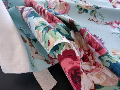 Scalamandre Chatsworth Chintz Fh Aqua Blue Pink Red Green Multi Color Rose Peony Bouquet with Ribbon English Garden Historical Prints Bouquet USD 364/y