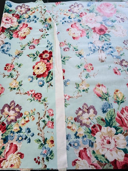 Scalamandre Chatsworth Chintz Fh Aqua Blue Pink Red Green Multi Color Rose Peony Bouquet with Ribbon English Garden Historical Prints Bouquet USD 364/y