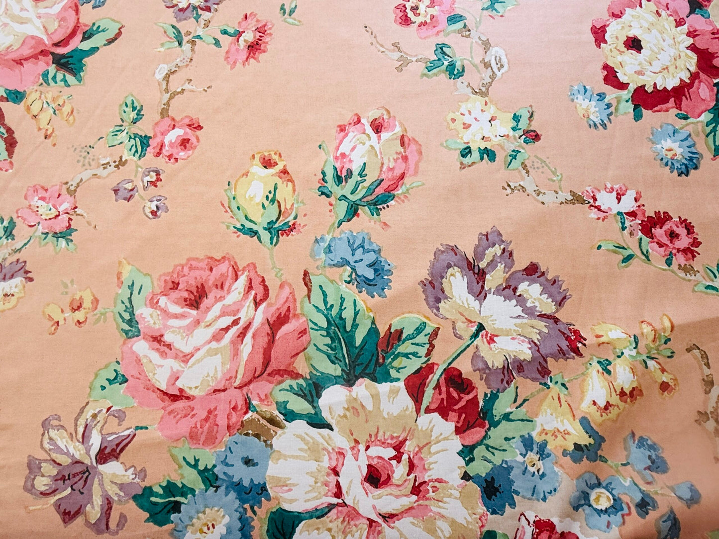 Scalamandre Fonthill Chatsworth Chintz Salmon Pink Blue Red Green Multi Color Rose Peony Bouquet with Ribbon English Garden Historical Prints Bouquet $364/y