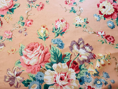 Scalamandre Fonthill Chatsworth Chintz Salmon Pink Blue Red Green Multi Color Rose Peony Bouquet with Ribbon English Garden Historical Prints Bouquet $364/y