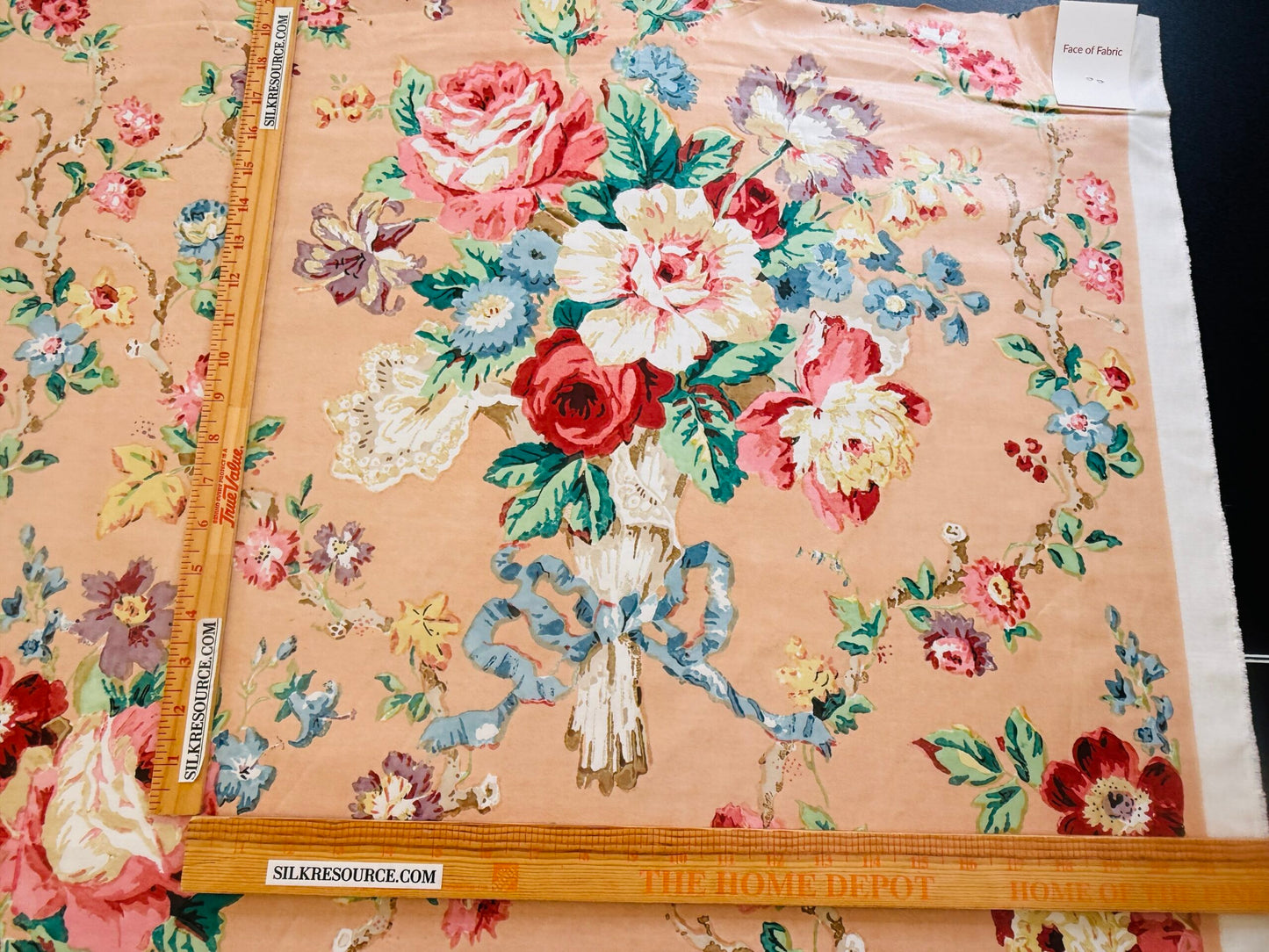 Scalamandre Fonthill Chatsworth Chintz Salmon Pink Blue Red Green Multi Color Rose Peony Bouquet with Ribbon English Garden Historical Prints Bouquet $364/y