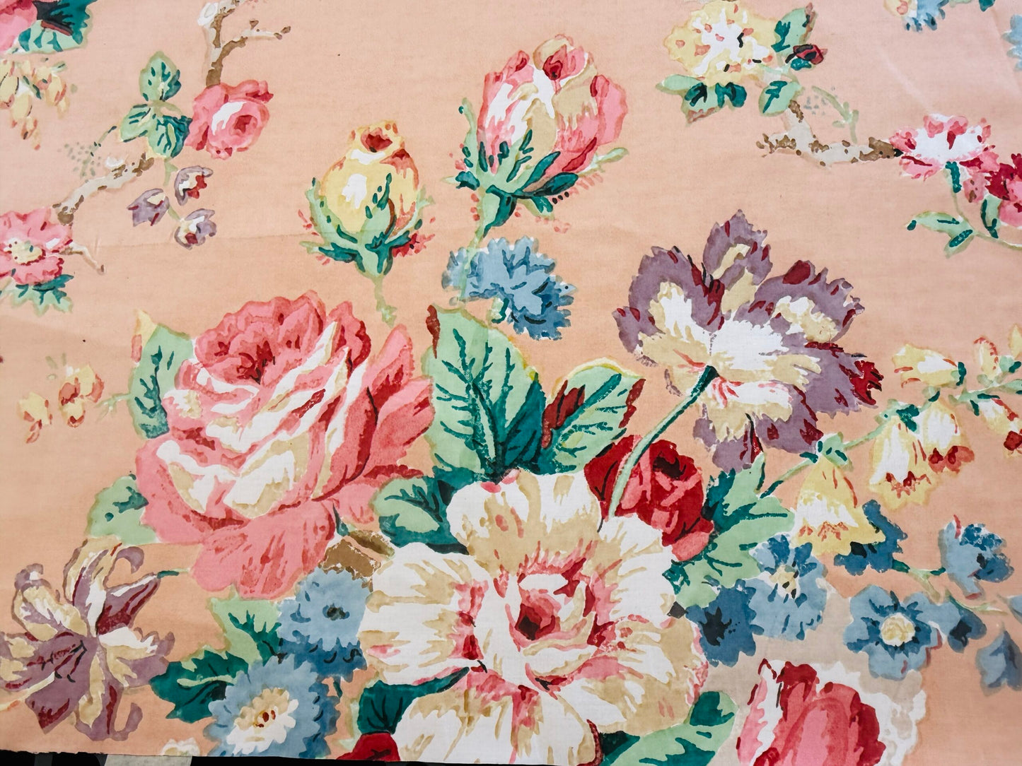 Scalamandre Fonthill Chatsworth Chintz Salmon Pink Blue Red Green Multi Color Rose Peony Bouquet with Ribbon English Garden Historical Prints Bouquet $364/y