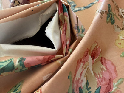 Scalamandre Fonthill Chatsworth Chintz Salmon Pink Blue Red Green Multi Color Rose Peony Bouquet with Ribbon English Garden Historical Prints Bouquet $364/y
