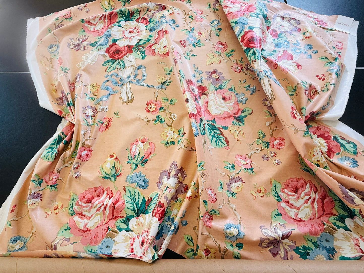 Scalamandre Fonthill Chatsworth Chintz Salmon Pink Blue Red Green Multi Color Rose Peony Bouquet with Ribbon English Garden Historical Prints Bouquet $364/y