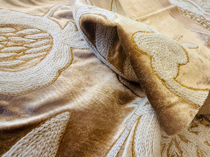 Bty Scalamandre Sikandra Velour Crewel On Velvet Hand Embroidery Wool on Cotton Gold and White MSRP USD 568/Y