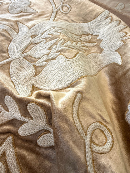 Bty Scalamandre Sikandra Velour Crewel On Velvet Hand Embroidery Wool on Cotton Gold and White MSRP USD 568/Y