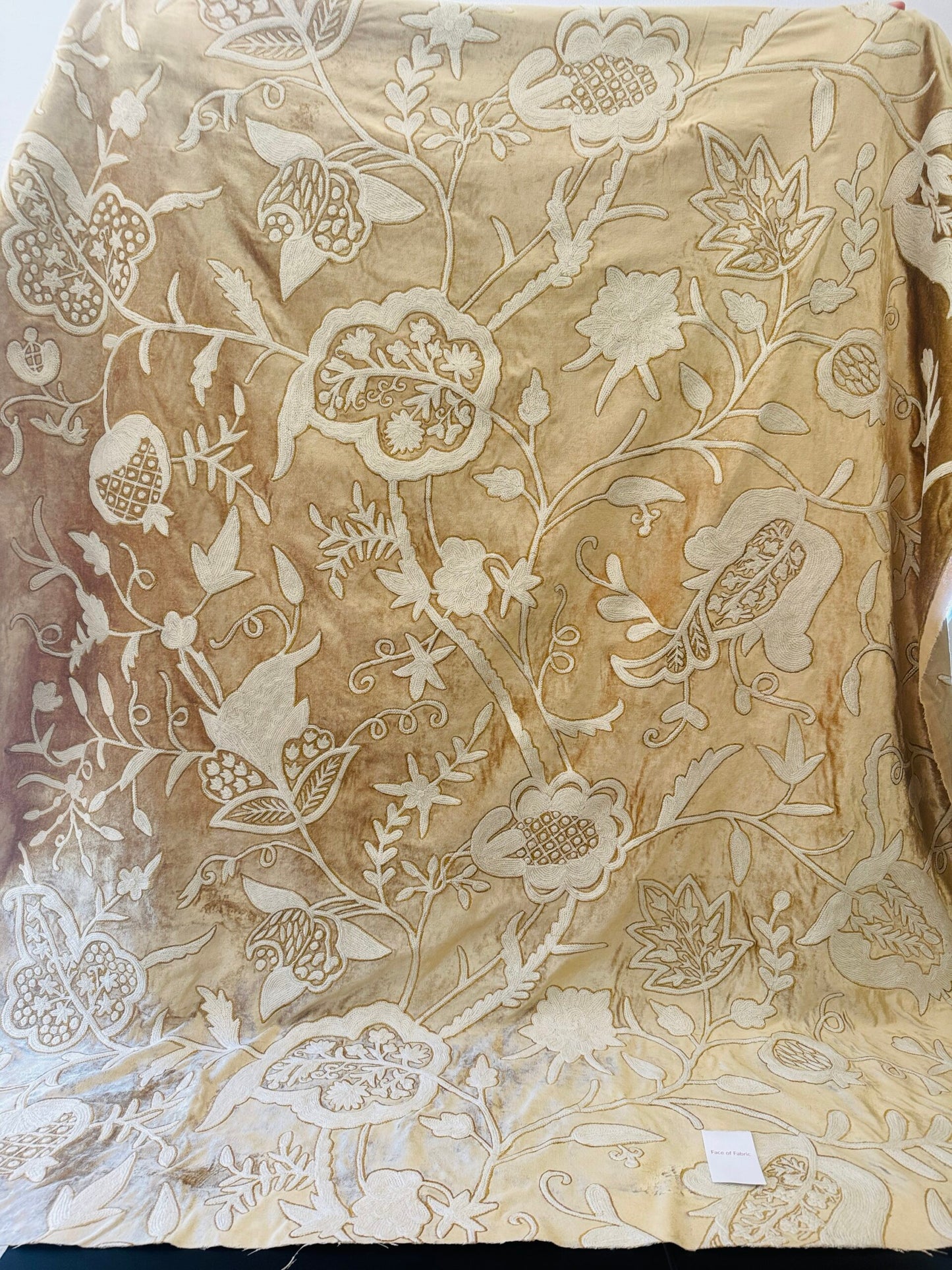 Bty Scalamandre Sikandra Velour Crewel On Velvet Hand Embroidery Wool on Cotton Gold and White MSRP USD 568/Y