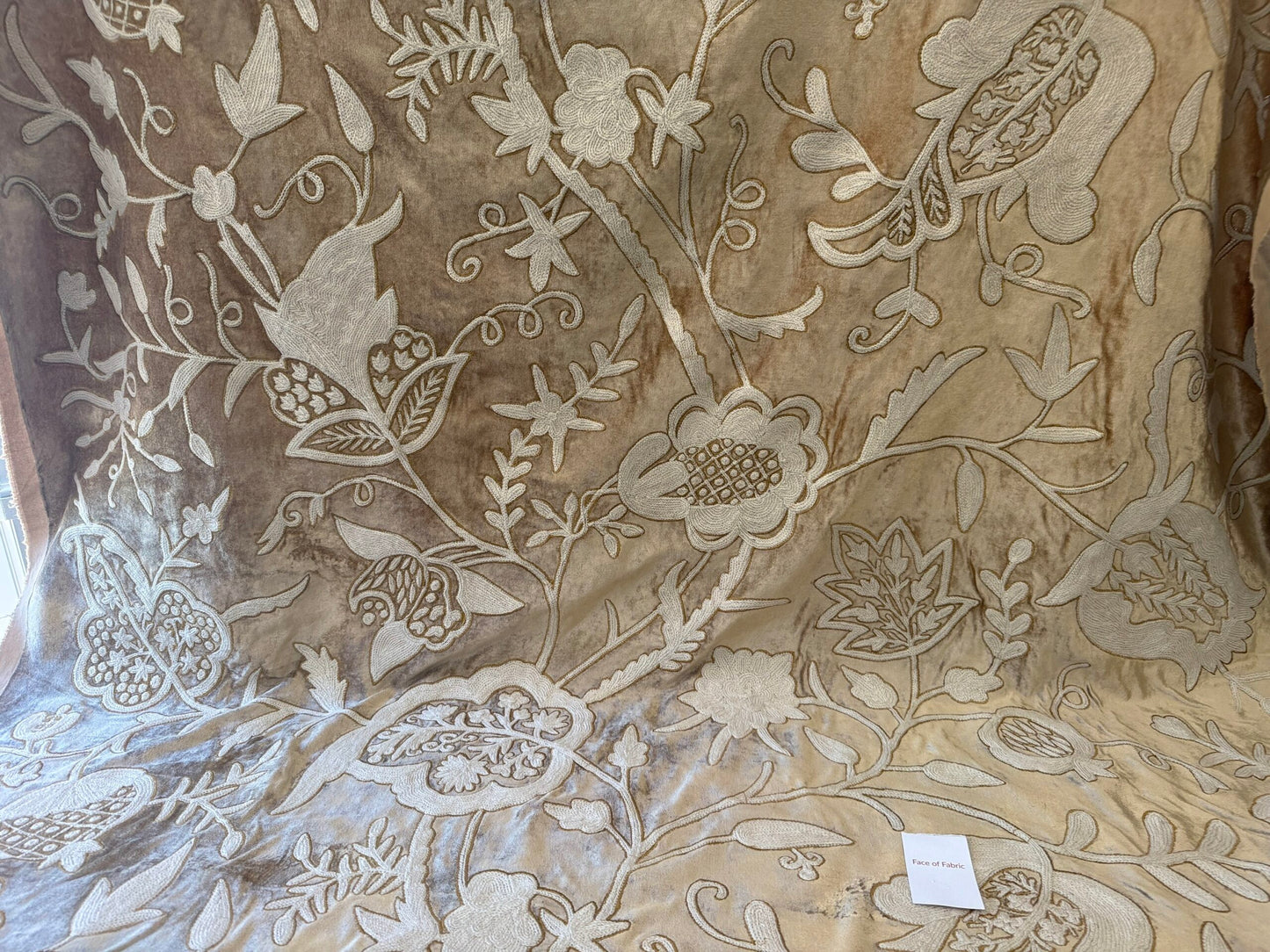 Bty Scalamandre Sikandra Velour Crewel On Velvet Hand Embroidery Wool on Cotton Gold and White MSRP USD 568/Y