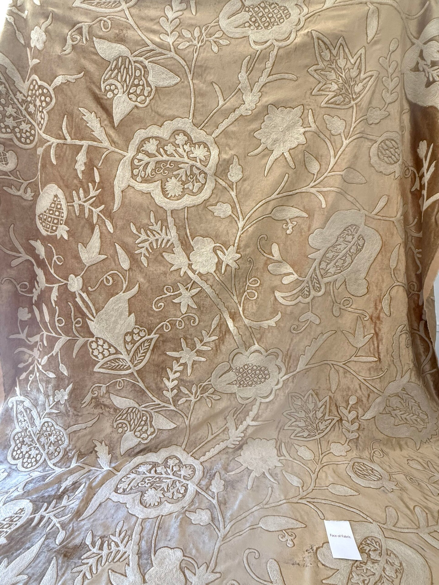 Bty Scalamandre Sikandra Velour Crewel On Velvet Hand Embroidery Wool on Cotton Gold and White MSRP USD 568/Y