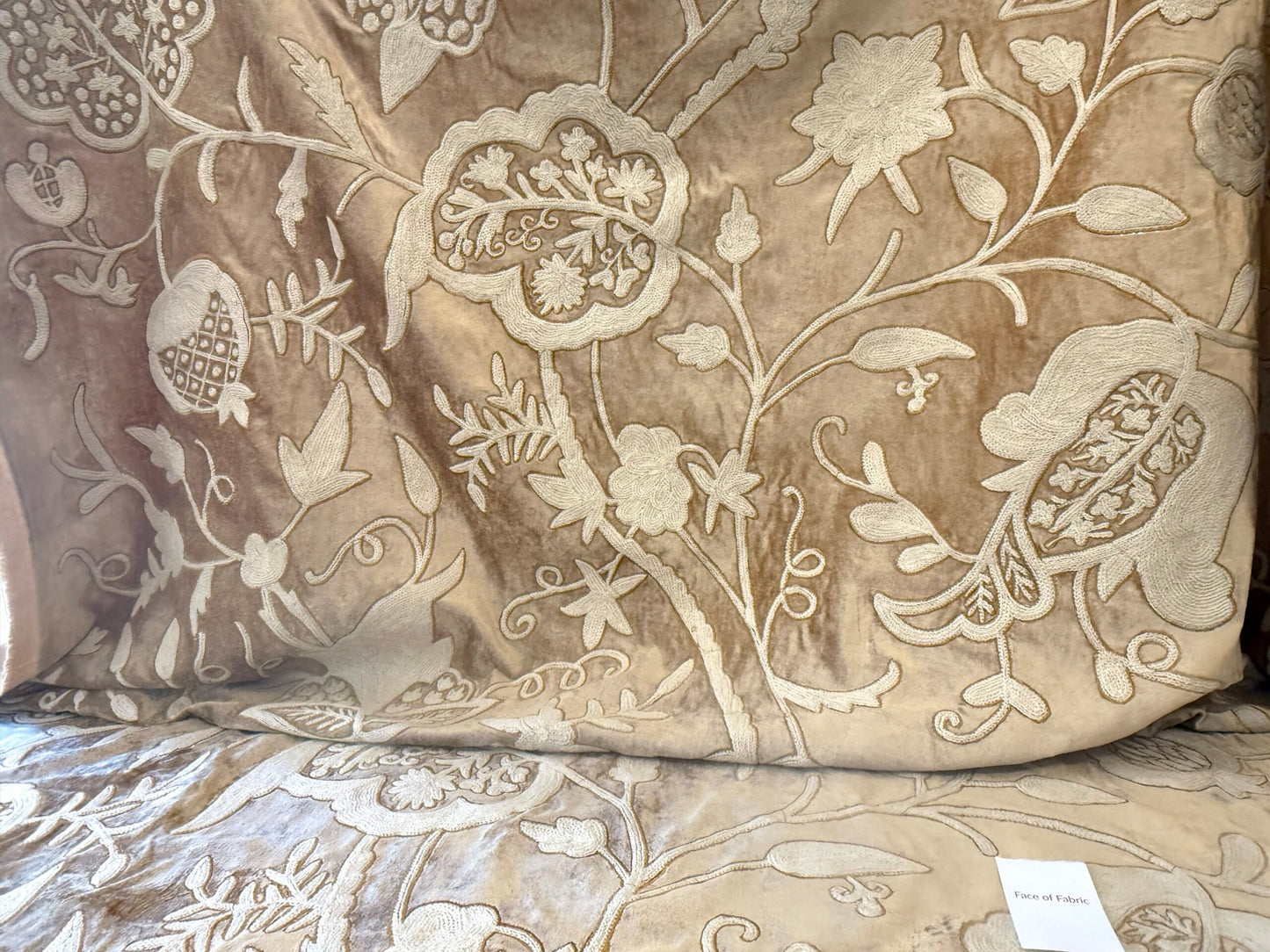 Bty Scalamandre Sikandra Velour Crewel On Velvet Hand Embroidery Wool on Cotton Gold and White MSRP USD 568/Y