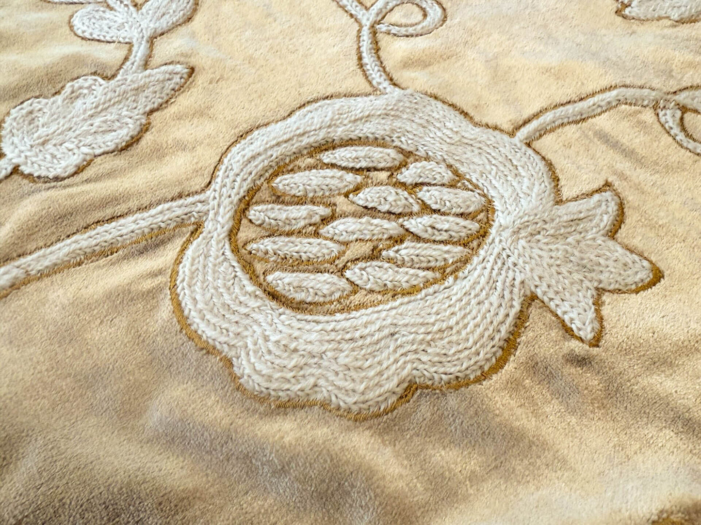Bty Scalamandre Sikandra Velour Crewel On Velvet Hand Embroidery Wool on Cotton Gold and White MSRP USD 568/Y