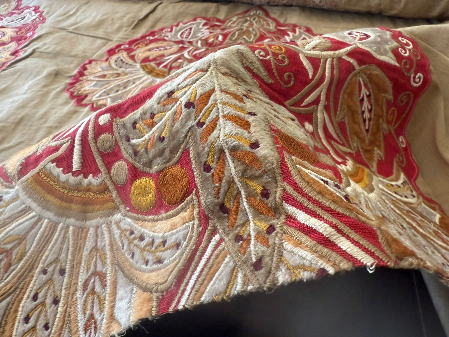 Lee Jofa Alexandria Silk Linen Embroidery Velvet Applique Museum Quality Red Gold Copper MSRP$560/y