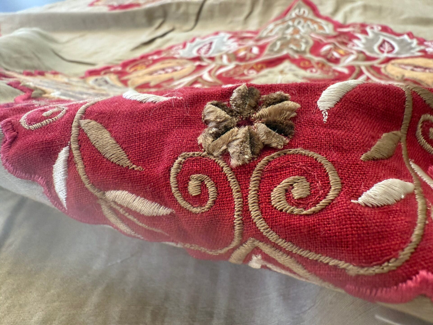 Lee Jofa Alexandria Silk Linen Embroidery Velvet Applique Museum Quality Red Gold Copper MSRP$560/y