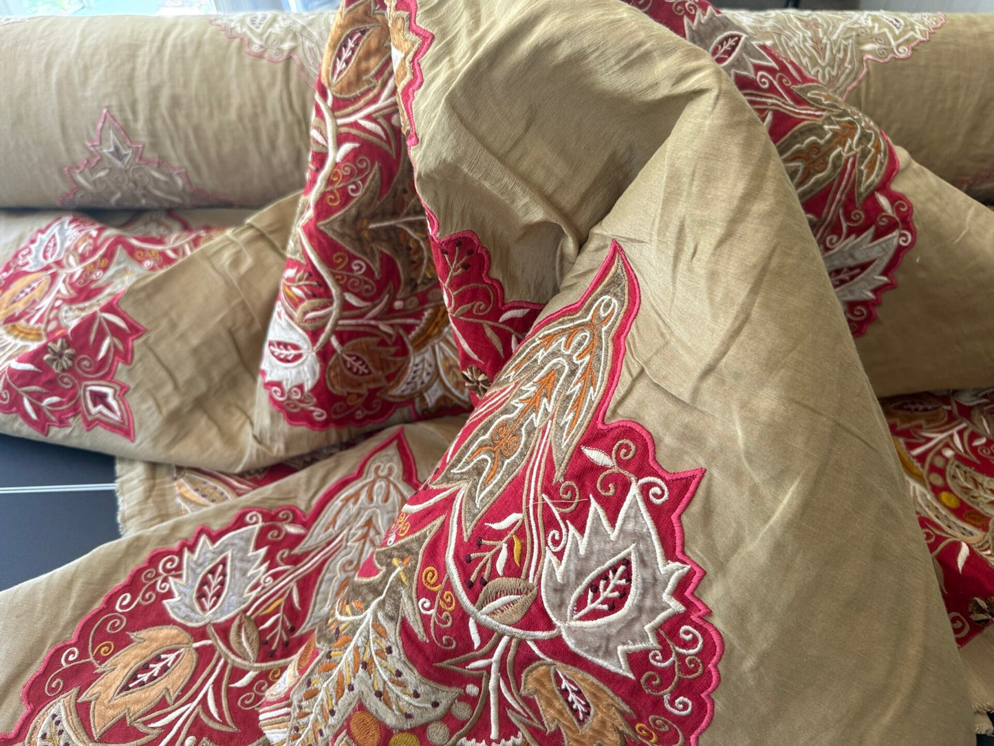 Lee Jofa Alexandria Silk Linen Embroidery Velvet Applique Museum Quality Red Gold Copper MSRP$560/y