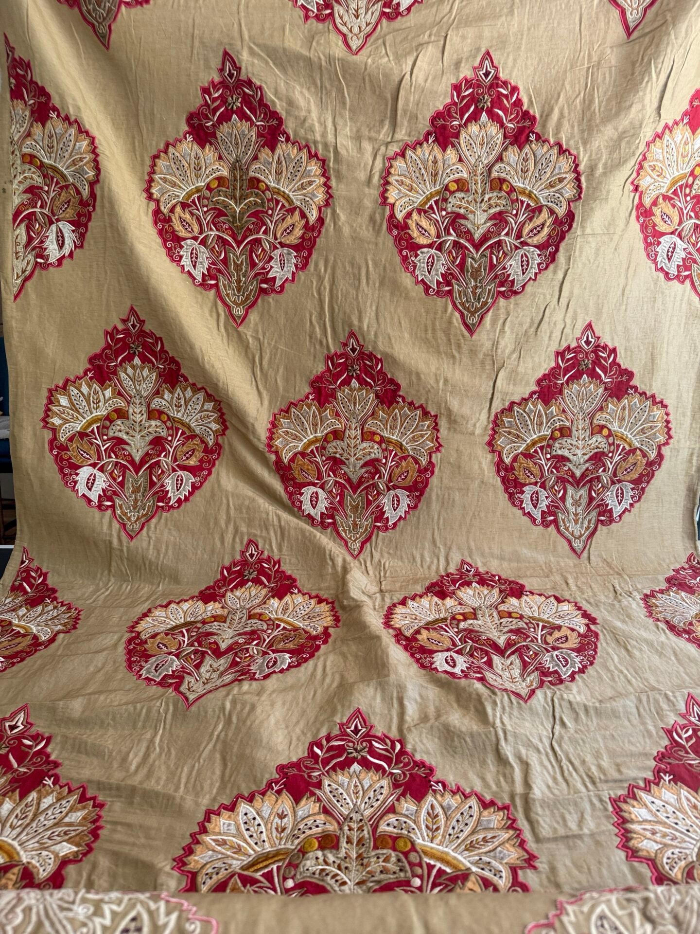 Lee Jofa Alexandria Silk Linen Embroidery Velvet Applique Museum Quality Red Gold Copper MSRP$560/y