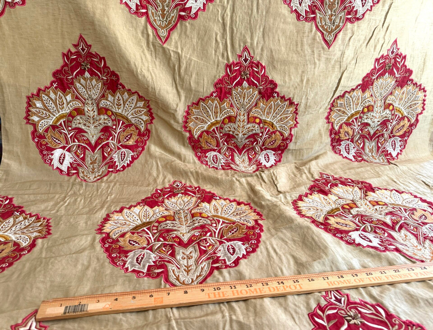 Lee Jofa Alexandria Silk Linen Embroidery Velvet Applique Museum Quality Red Gold Copper MSRP$560/y
