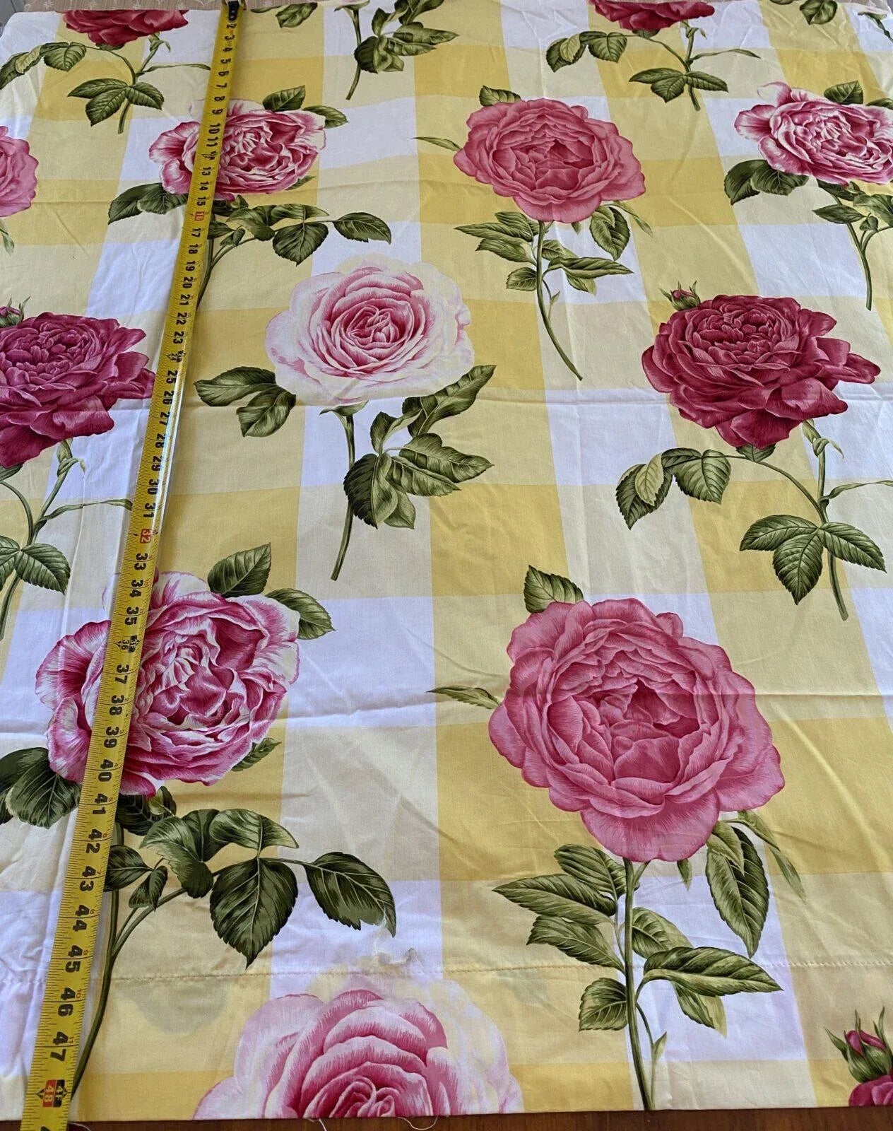 Scalamandre Gertrude’s Rose Cotton Print Pink Rose On Yellow Plaid 1.3y MSRP USD 200+/yd